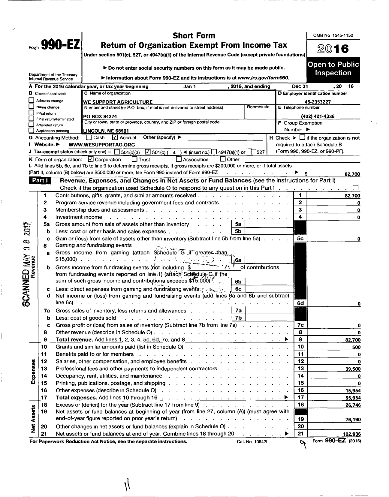 Image of first page of 2016 Form 990EO for We Support Agriculture