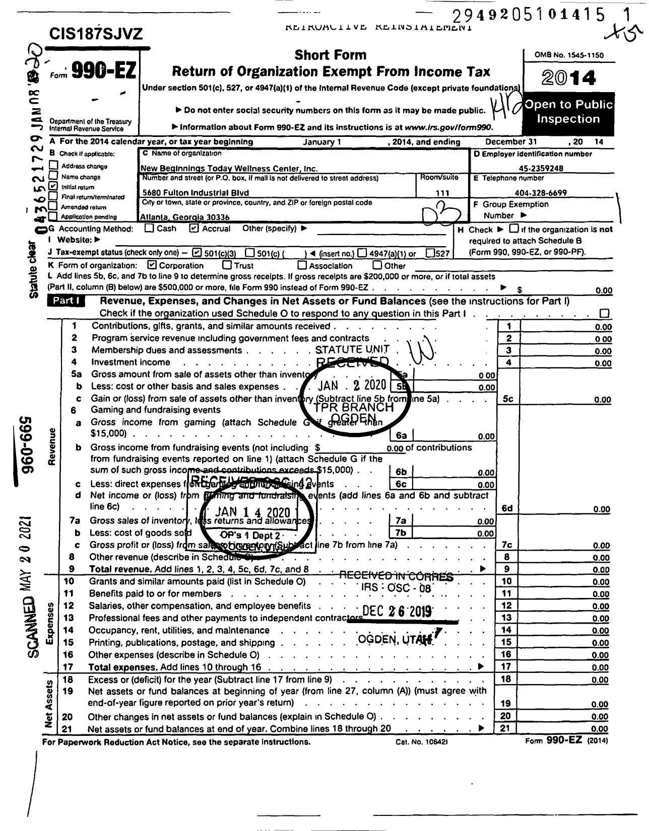 Image of first page of 2014 Form 990EZ for New Beginnings Today Wellness Center