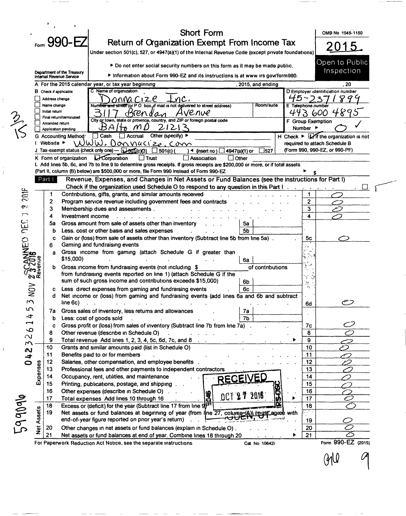 Image of first page of 2015 Form 990EZ for Donnacize