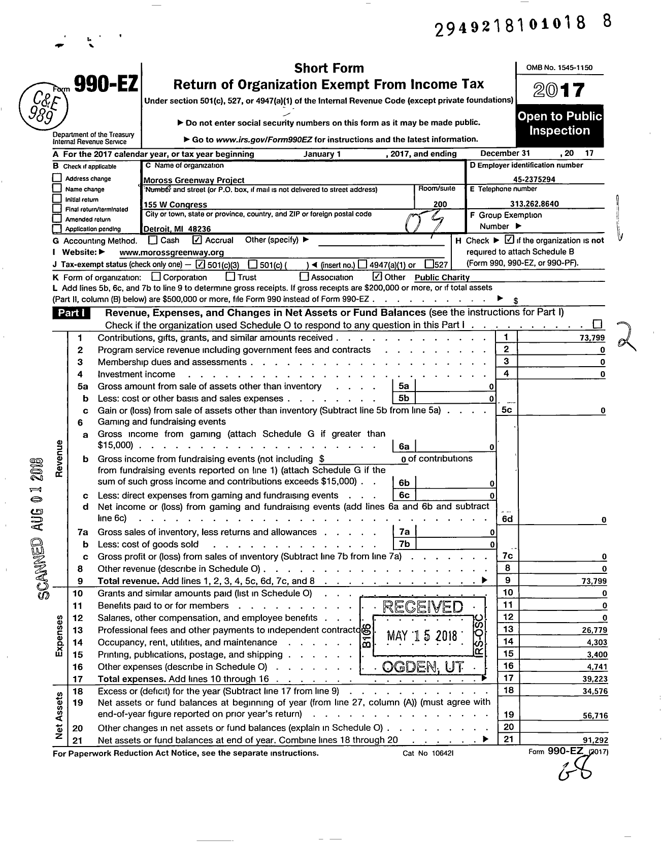 Image of first page of 2017 Form 990EZ for Moross Greenway Project Moross Greenway Charitable Foundation