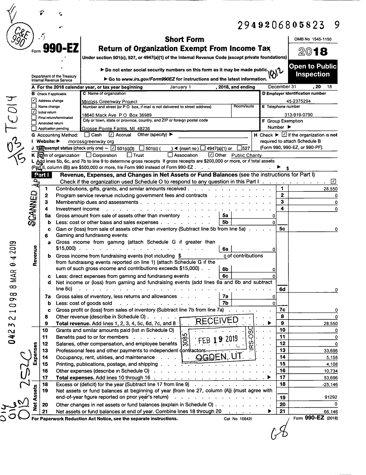 Image of first page of 2018 Form 990EZ for Moross Greenway Project Moross Greenway Charitable Foundation