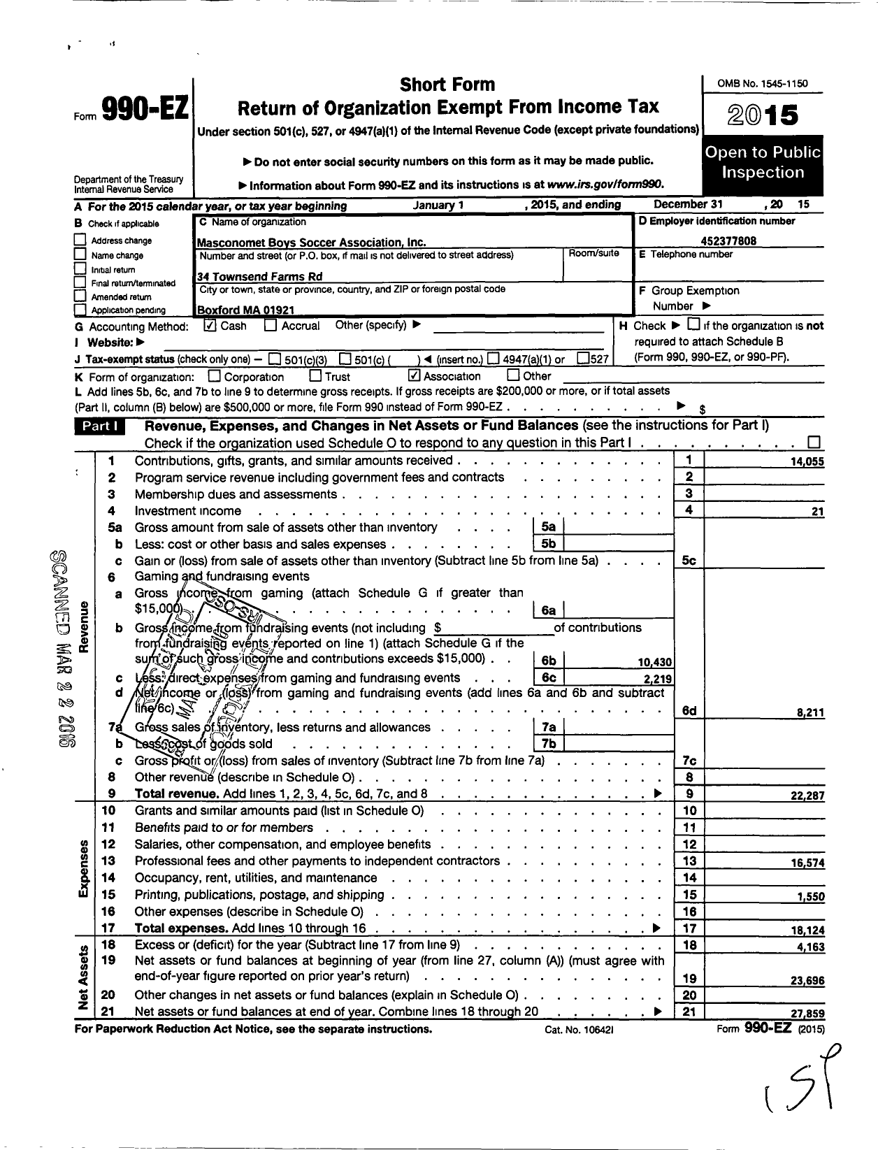 Image of first page of 2015 Form 990EO for Masconomet Boys Soccer Association