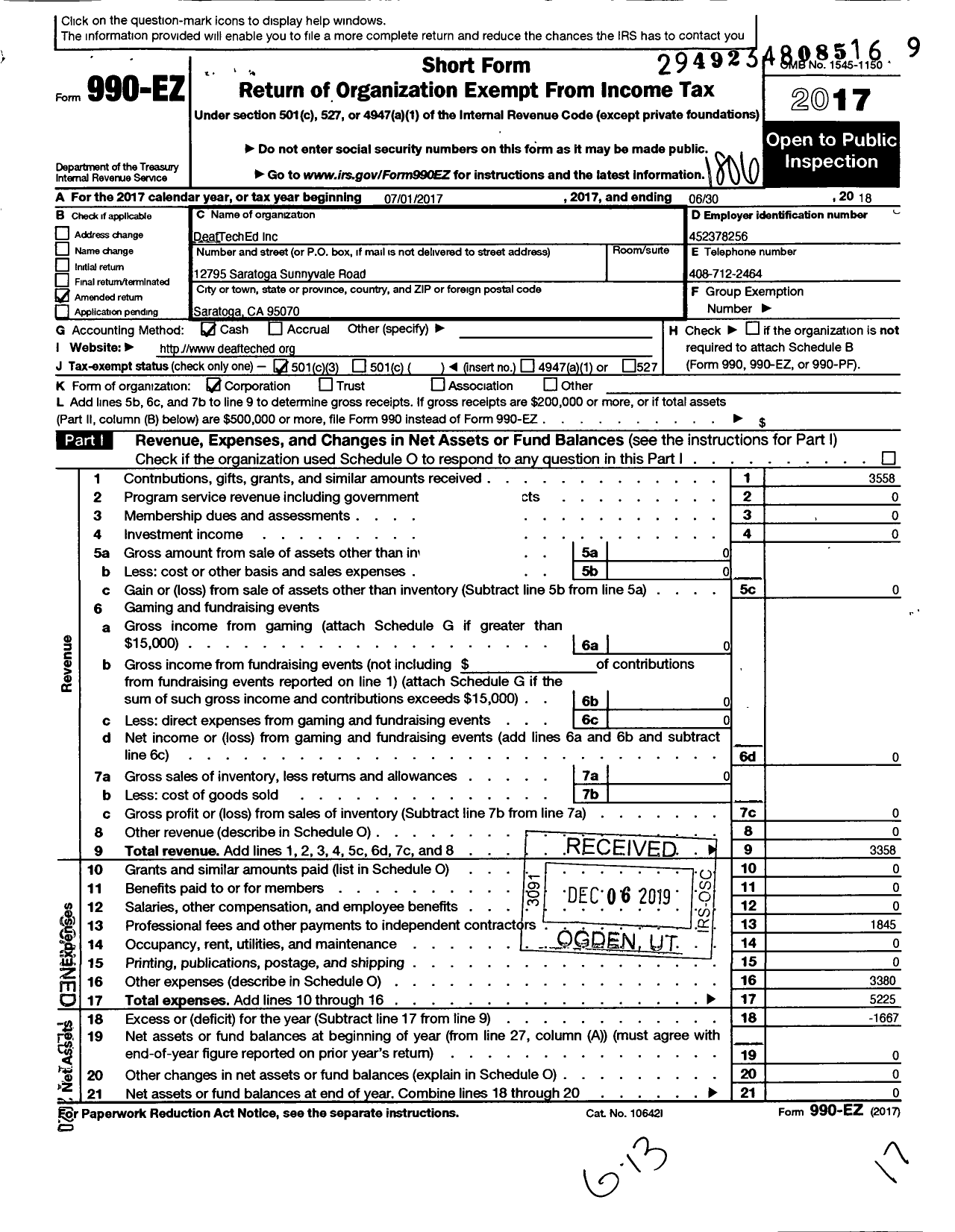 Image of first page of 2017 Form 990EZ for Deafteched