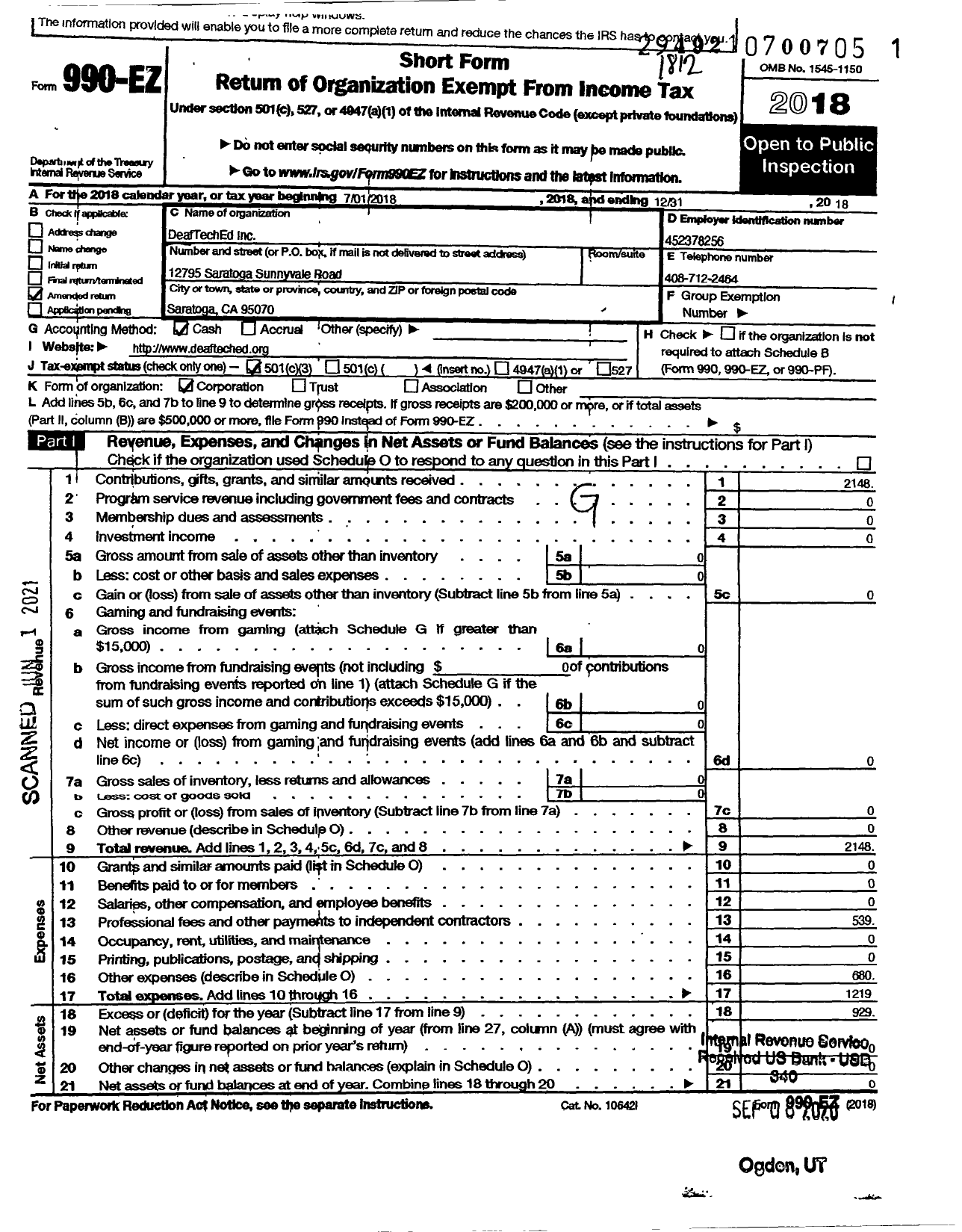 Image of first page of 2018 Form 990EZ for Deafteched