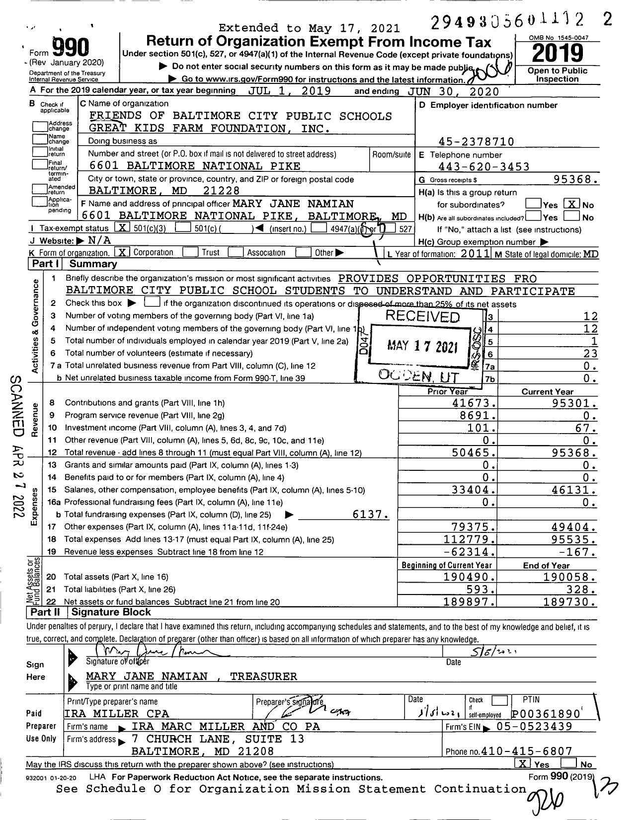 Image of first page of 2019 Form 990 for Friends of Baltimore City Public Schools Great Kids Farm Foundtn