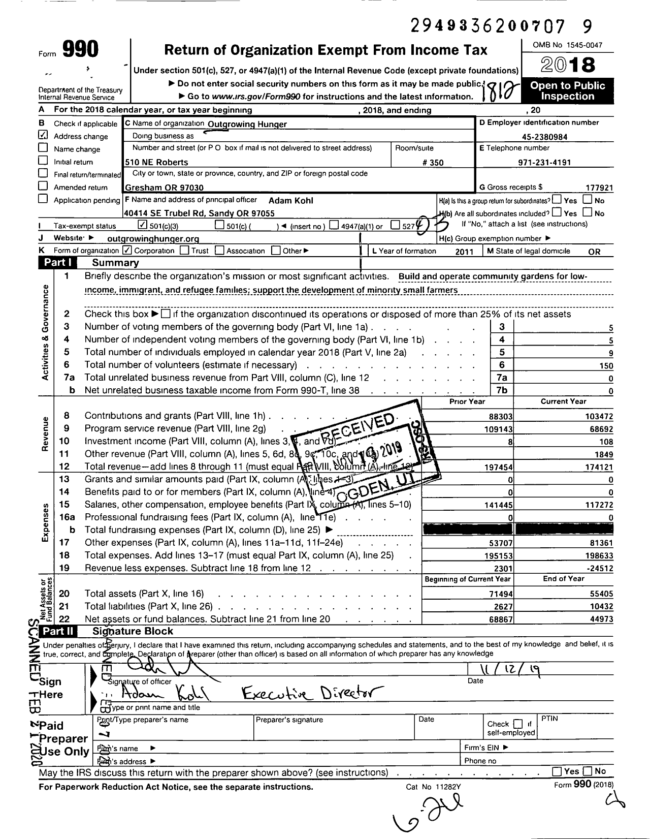 Image of first page of 2018 Form 990 for Outgrowing Hunger