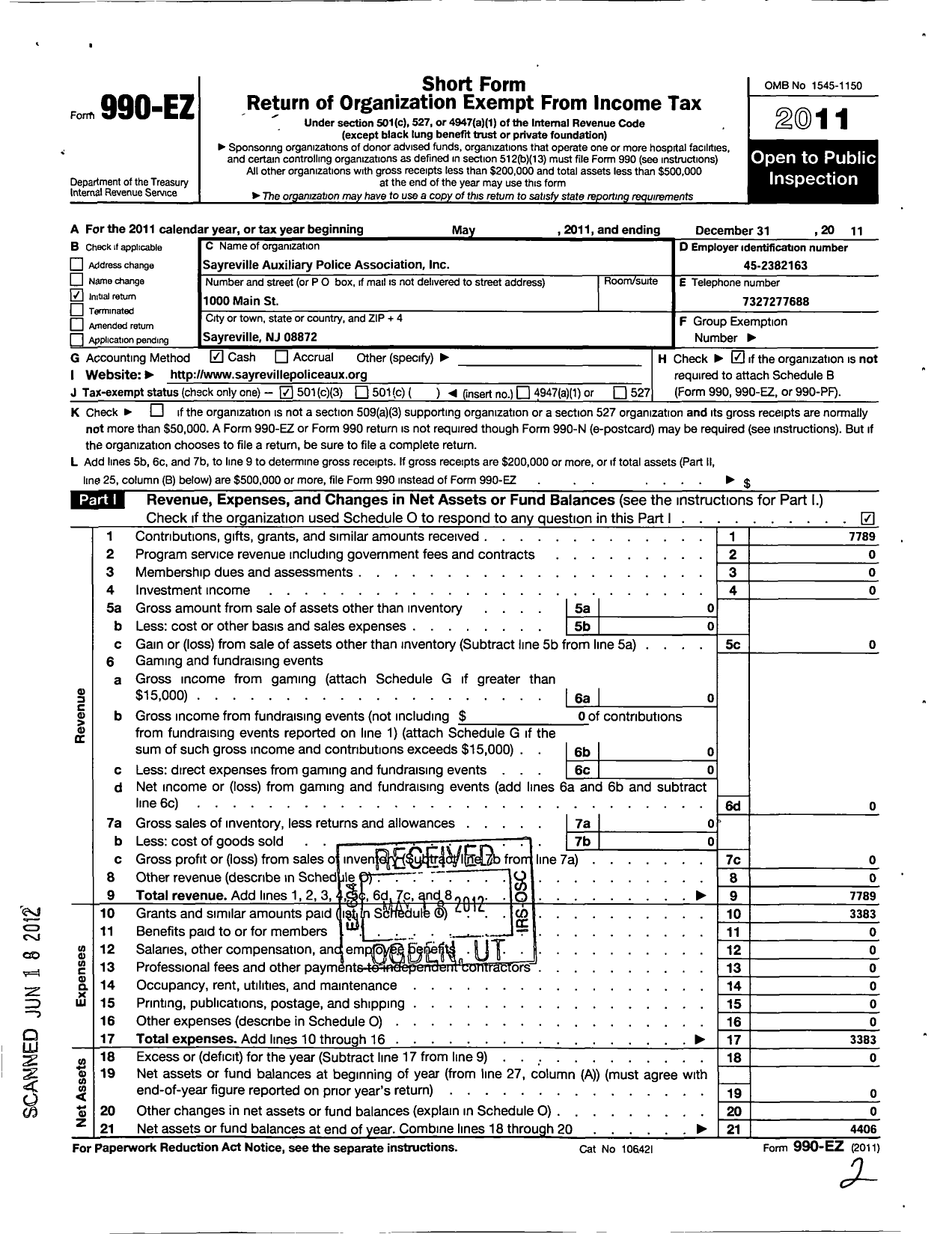 Image of first page of 2011 Form 990EZ for Sayreville Auxiliary Police Association