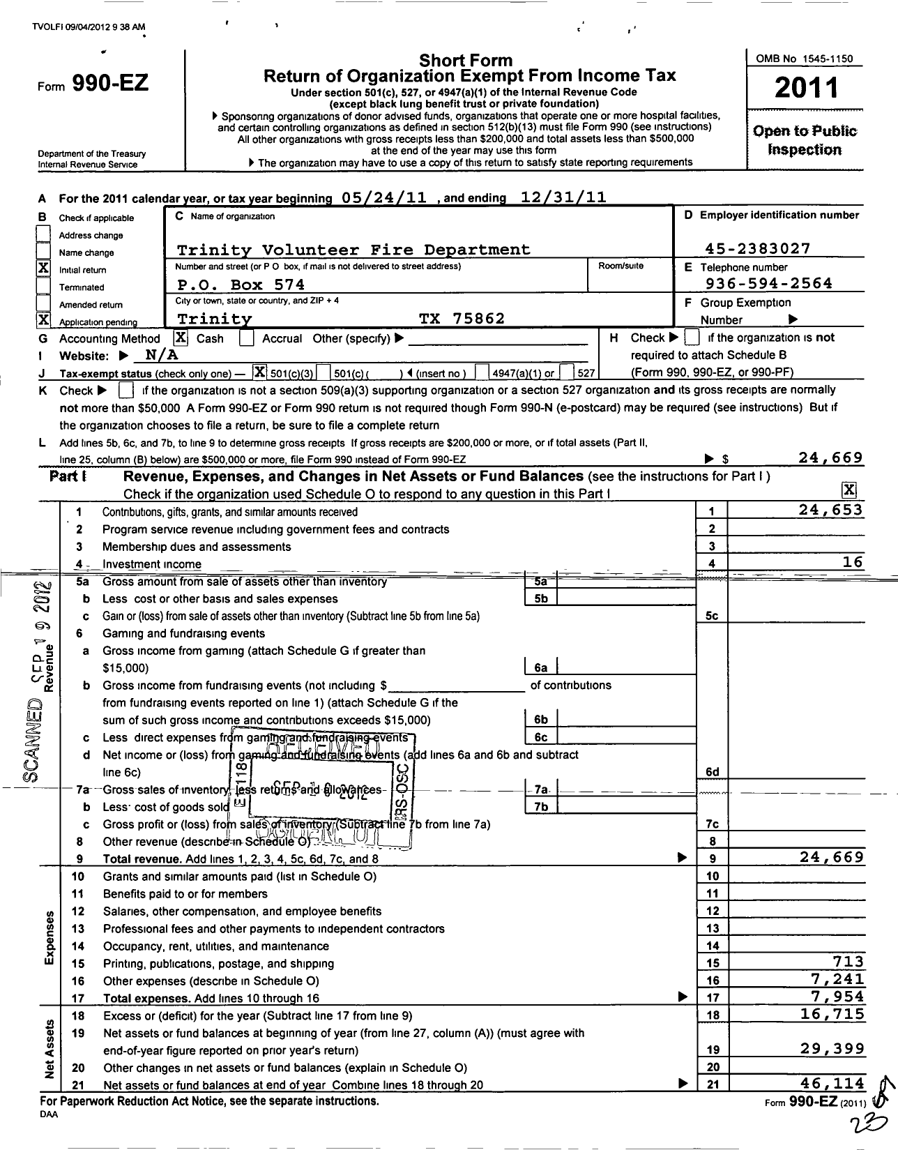 Image of first page of 2011 Form 990EZ for Trinity Volunteer Fire Department