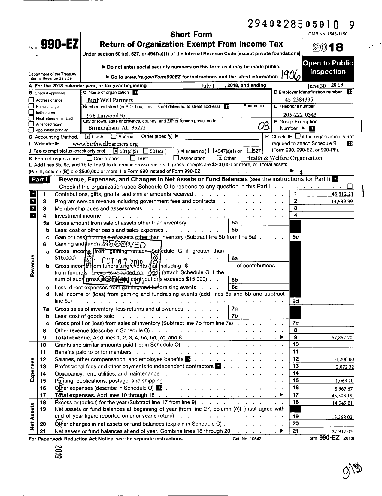 Image of first page of 2018 Form 990EZ for Birthwell Partners