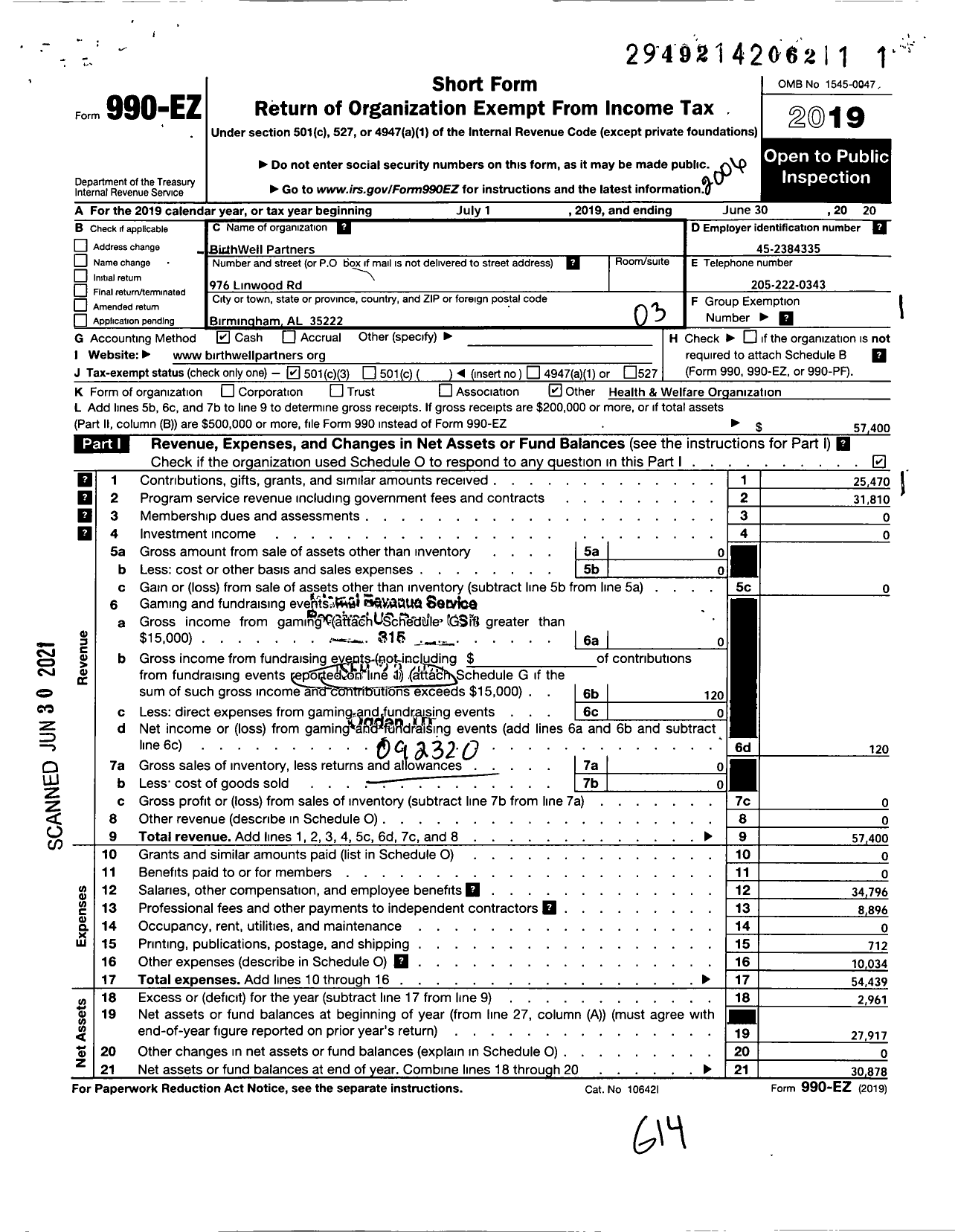 Image of first page of 2019 Form 990EZ for Birthwell Partners