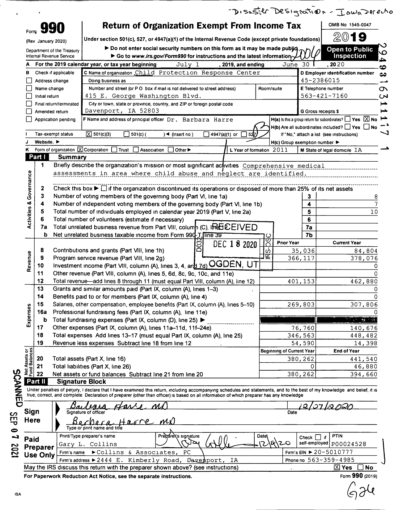 Image of first page of 2019 Form 990 for Child Protection Response Center