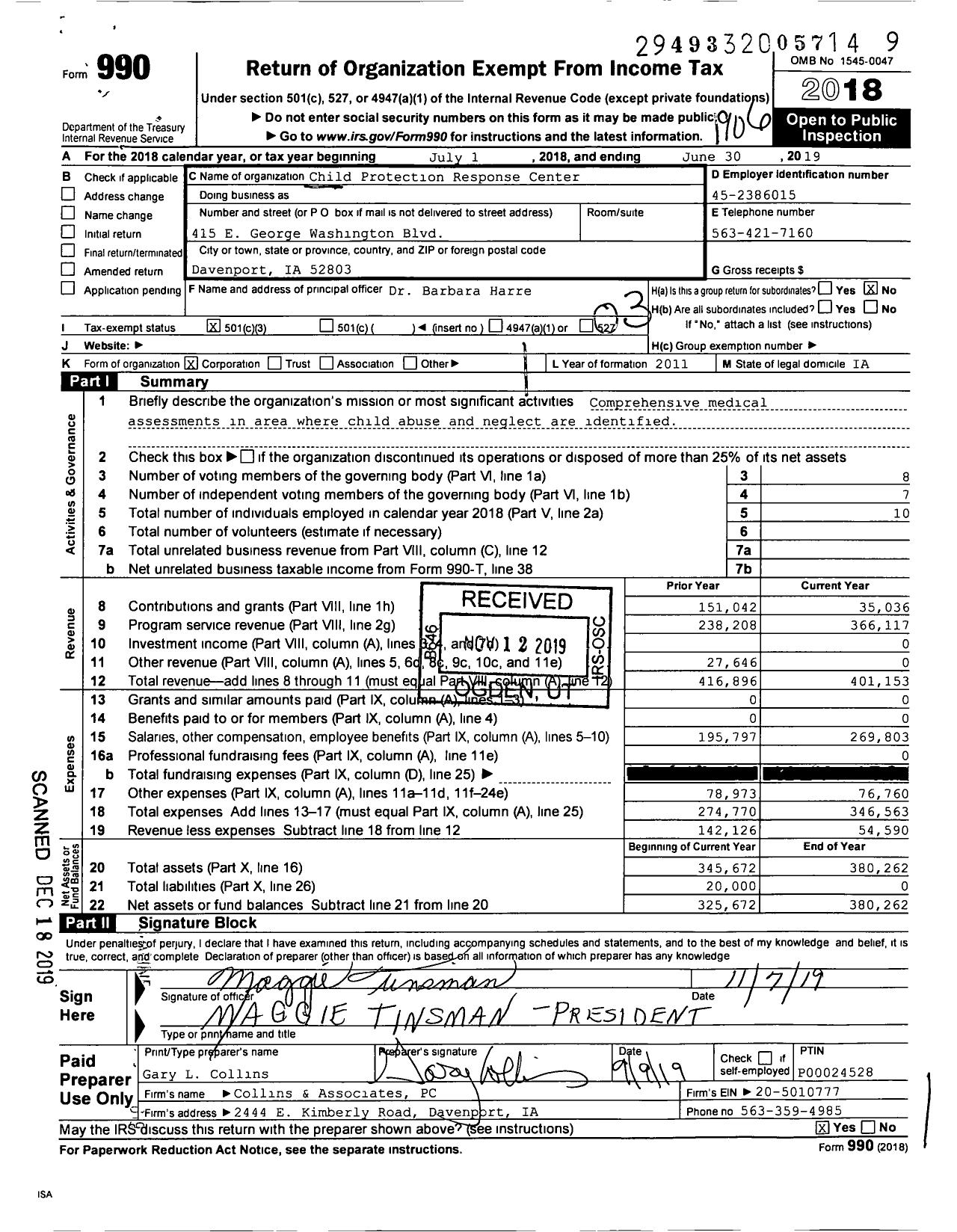 Image of first page of 2018 Form 990 for Child Protection Response Center