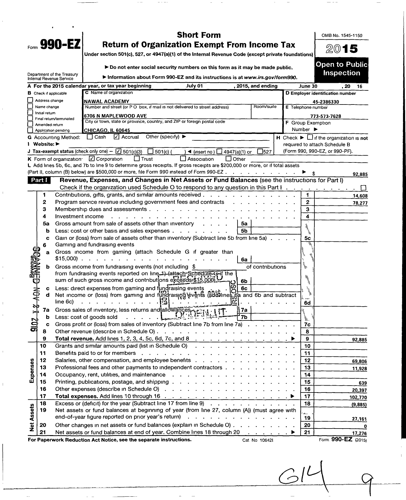 Image of first page of 2015 Form 990EZ for Qazi Foundation