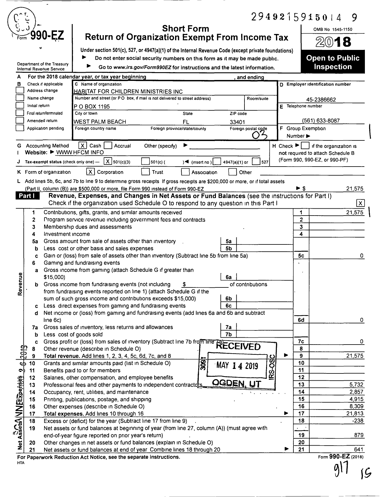 Image of first page of 2018 Form 990EZ for Habitat for Children Ministries