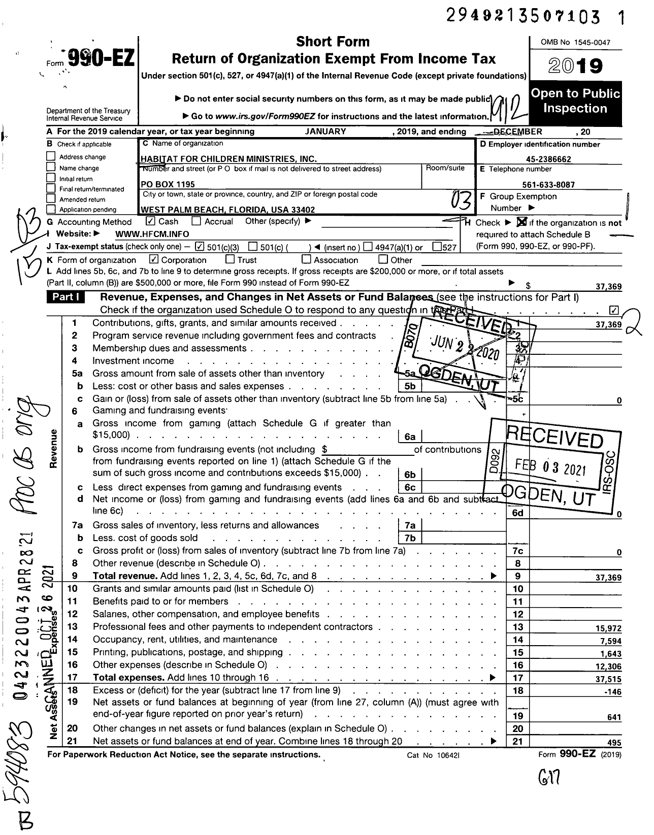 Image of first page of 2019 Form 990EZ for Habitat for Children Ministries