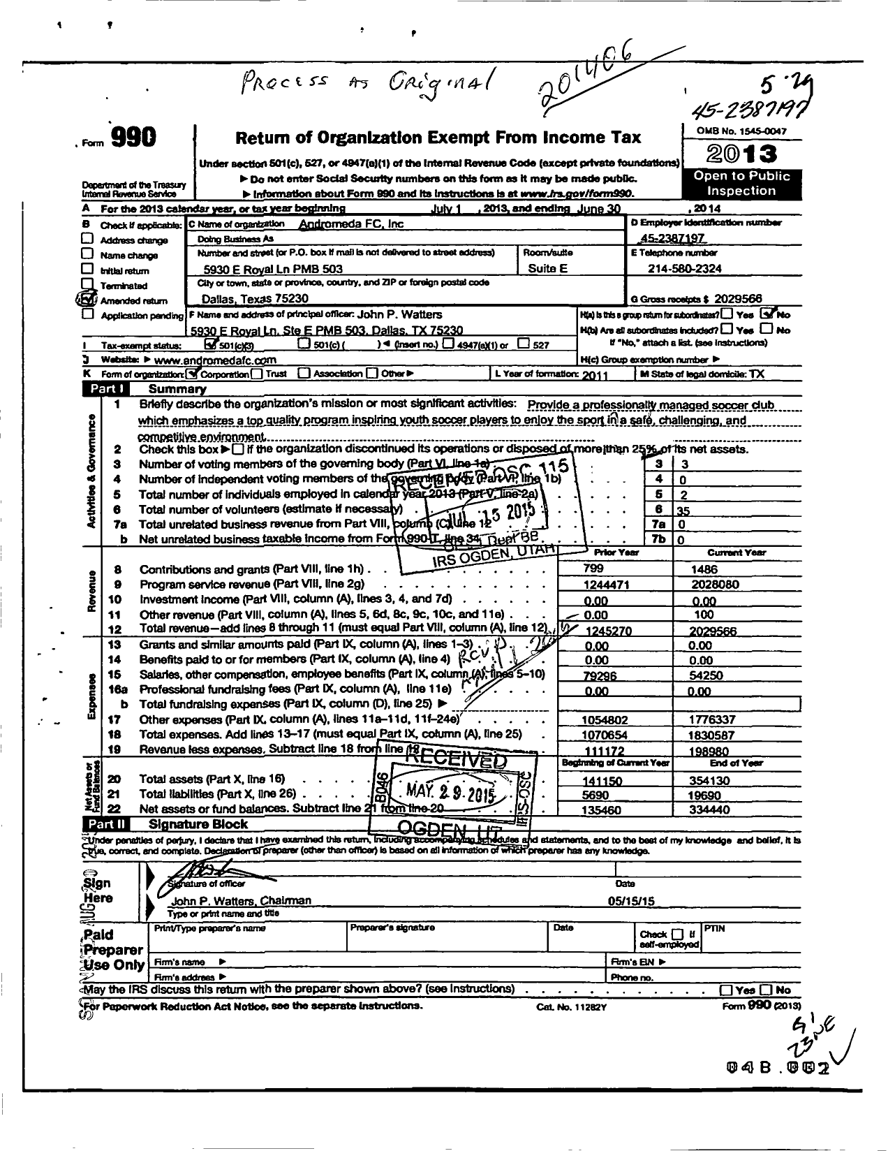 Image of first page of 2013 Form 990 for Andromeda FC