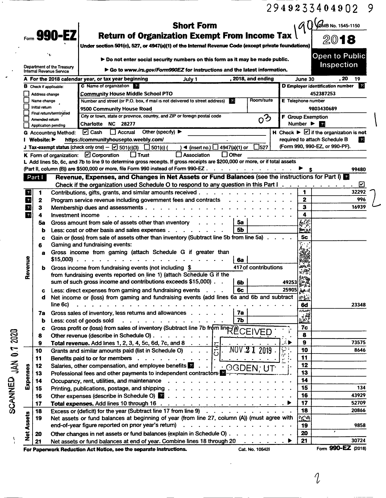 Image of first page of 2018 Form 990EZ for Community House Middle School PTO