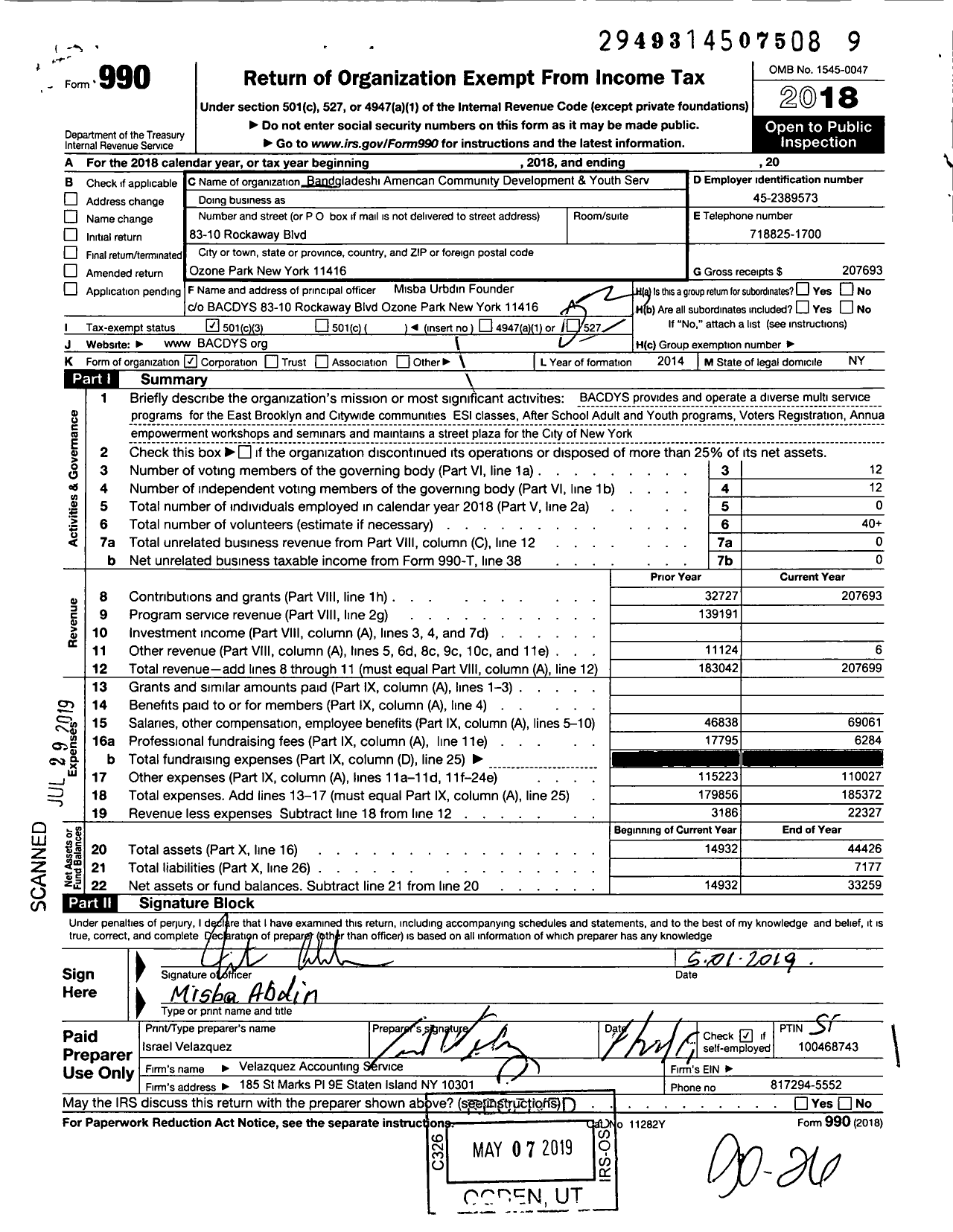 Image of first page of 2018 Form 990 for Bangladeshi American Community Development and Youth Services Corporation