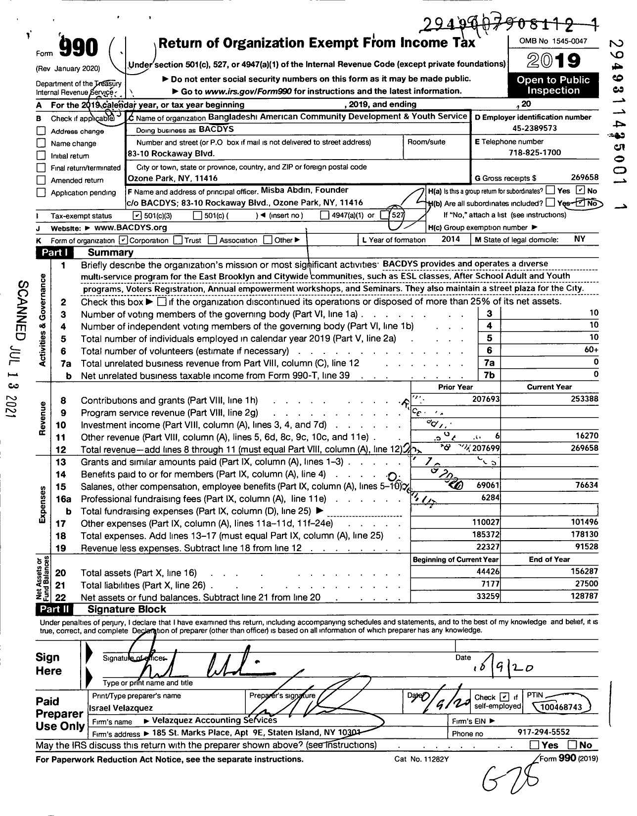 Image of first page of 2019 Form 990 for Bangladeshi American Community Development and Youth Service Corporation