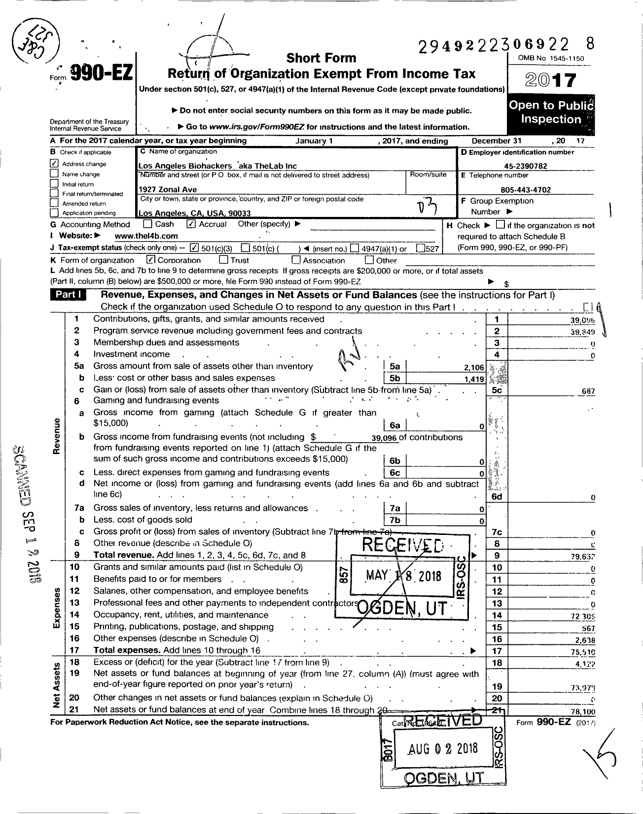 Image of first page of 2017 Form 990EZ for Los Angeles Biohackers