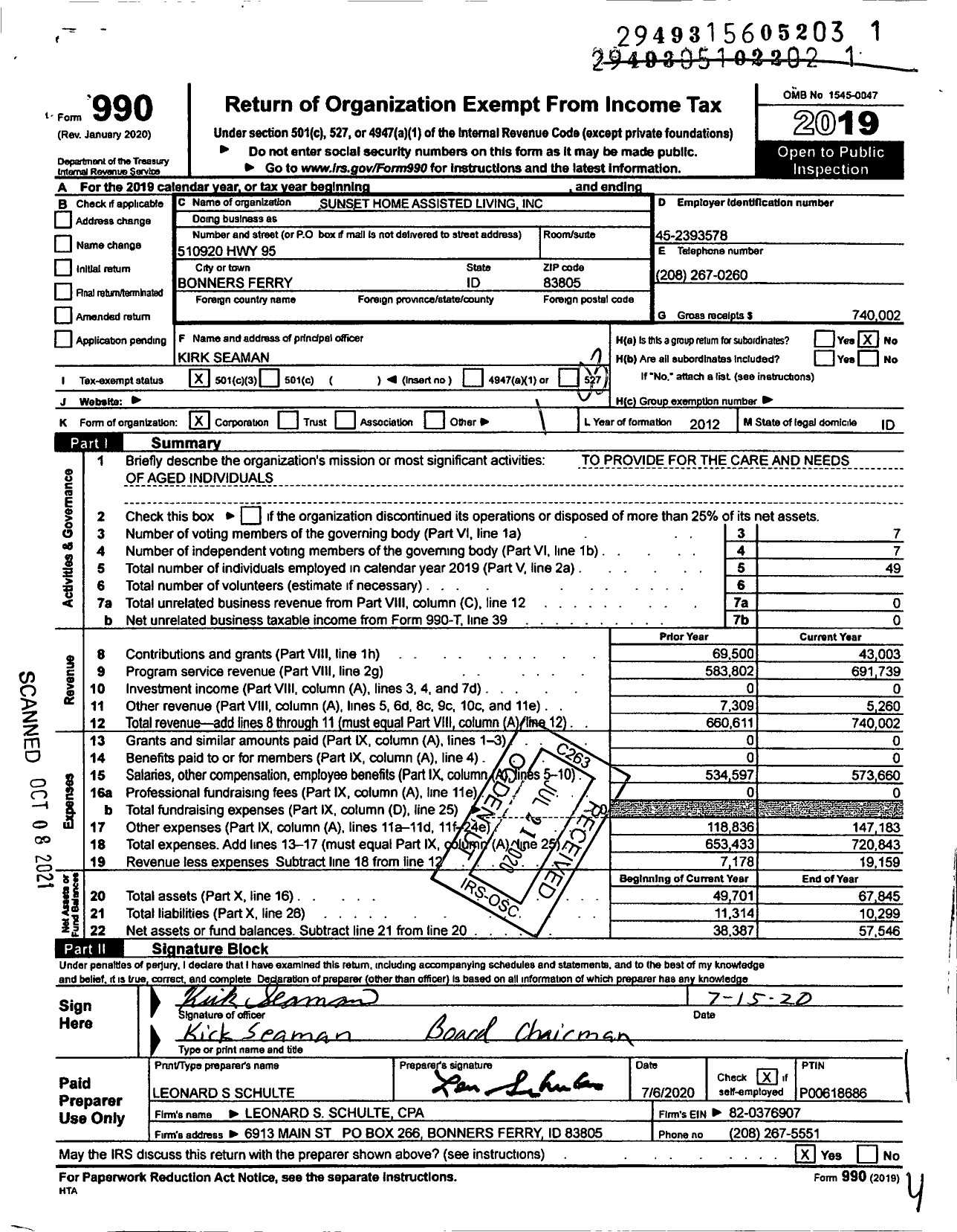 Image of first page of 2019 Form 990 for Sunset Home Assisted Living