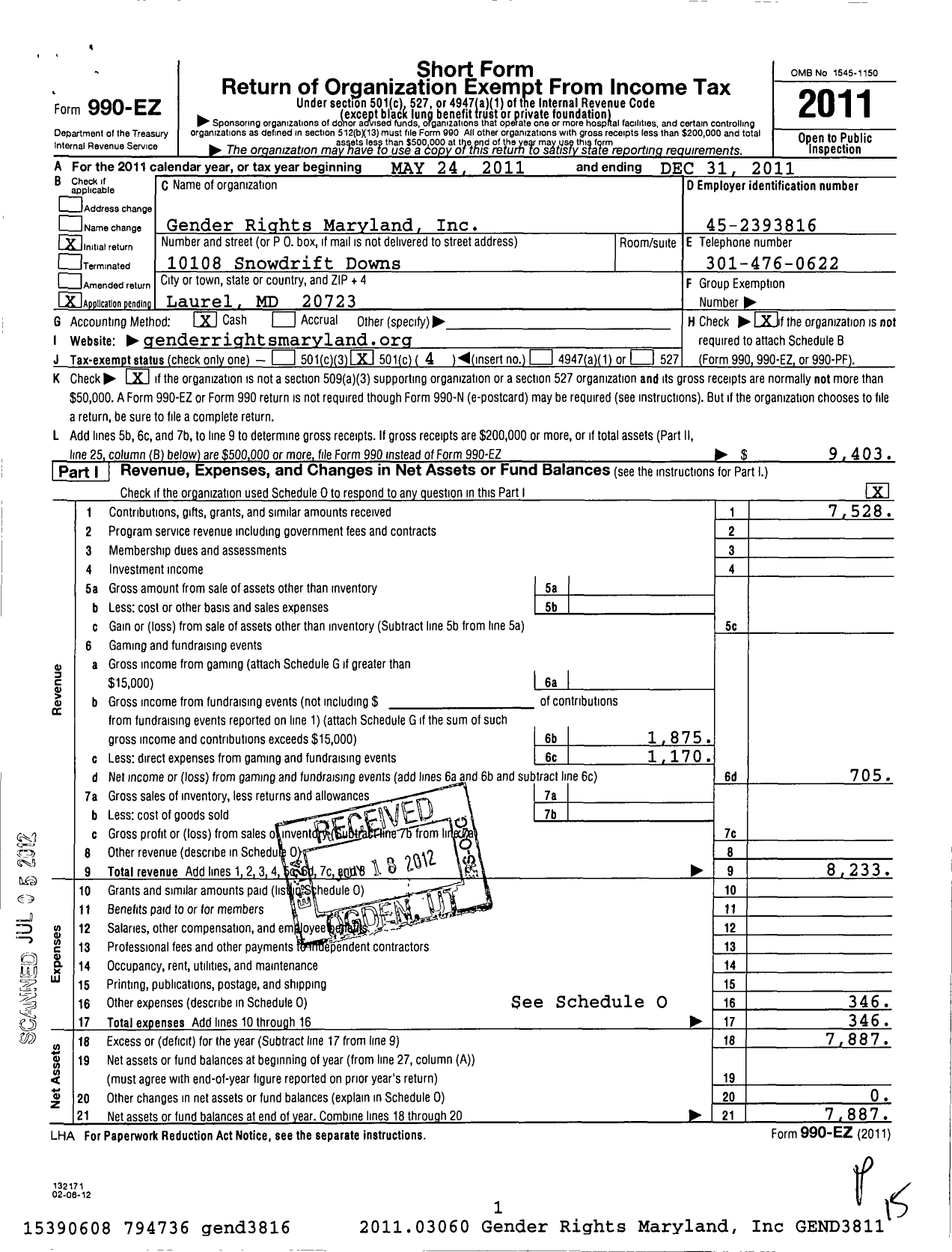 Image of first page of 2011 Form 990EO for Gender Rights Maryland