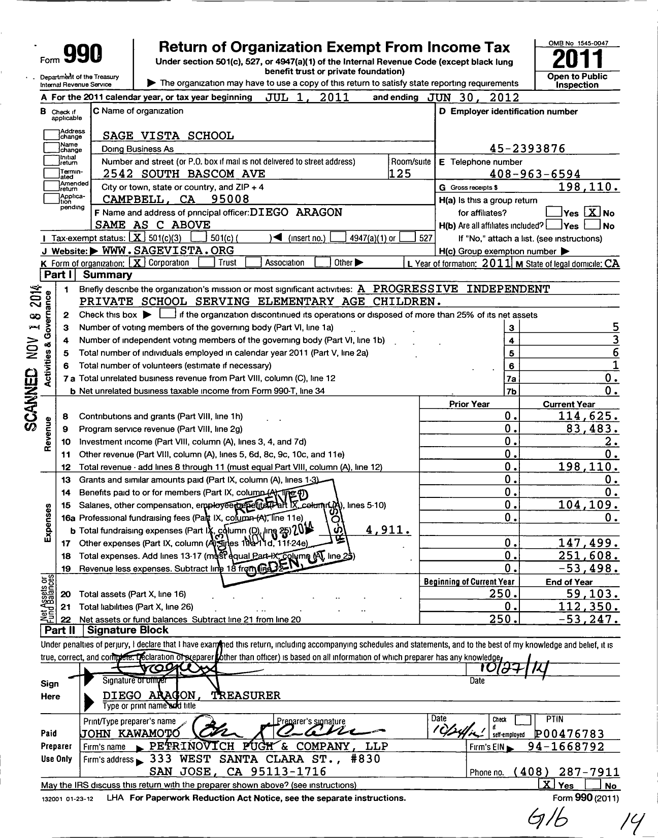 Image of first page of 2011 Form 990 for Sage Vista School