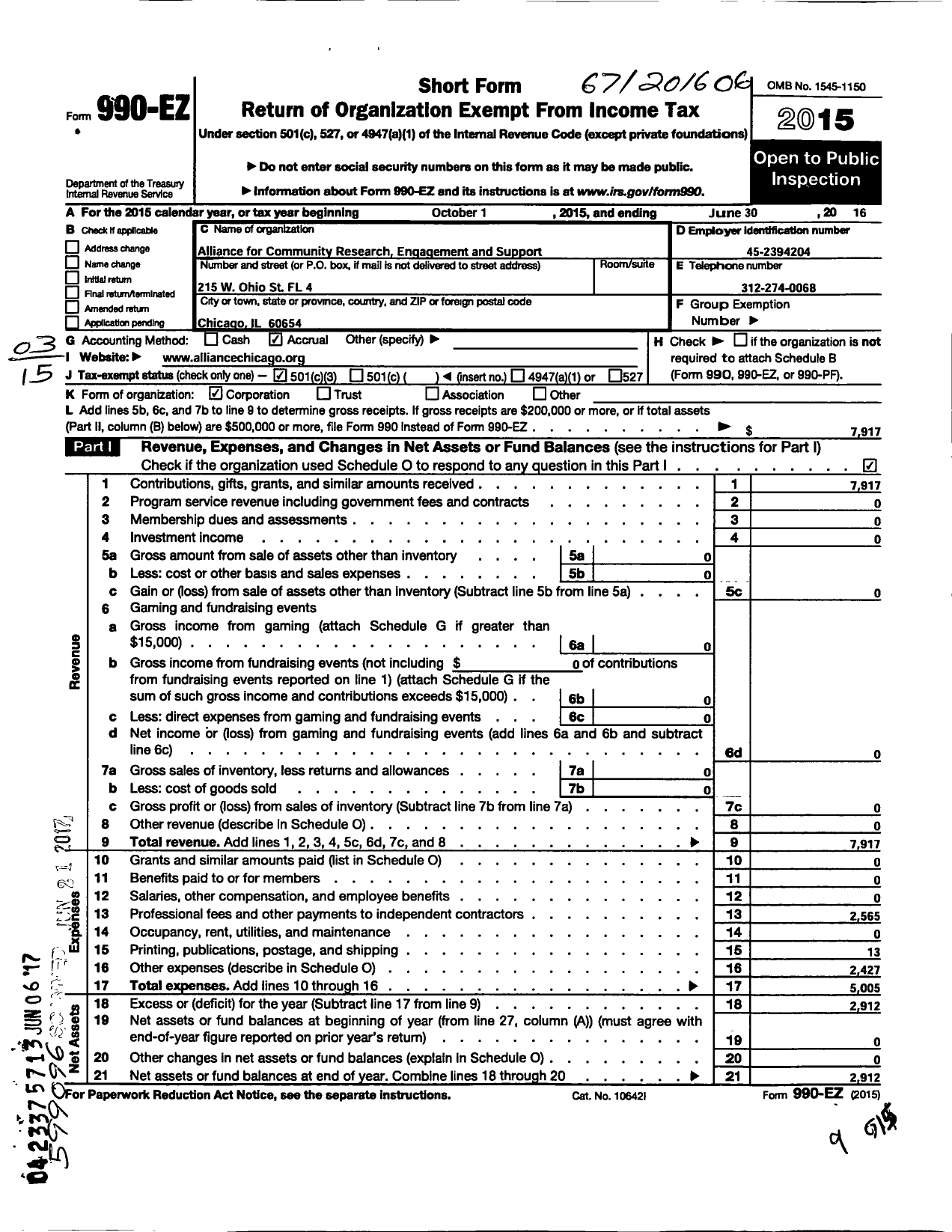 Image of first page of 2015 Form 990EZ for Alliance for Community Research Engagement and Support