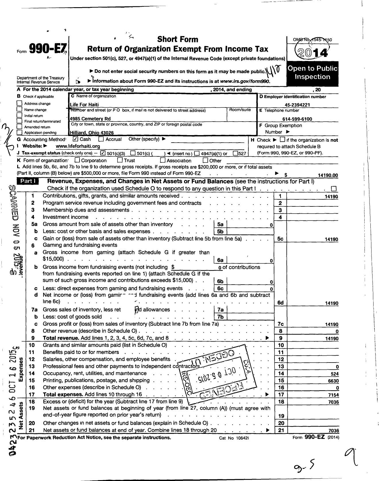 Image of first page of 2014 Form 990EZ for Life for Haiti