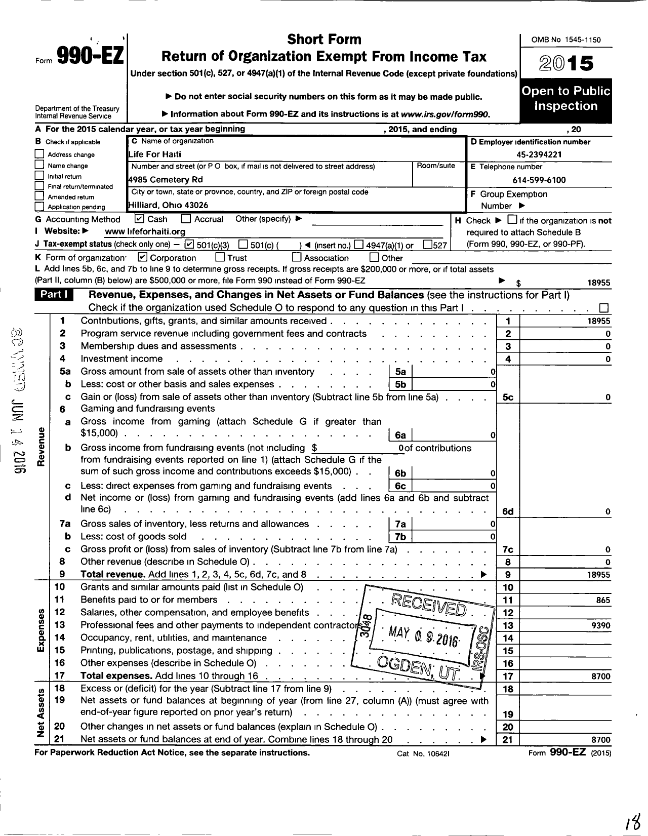 Image of first page of 2015 Form 990EZ for Life for Haiti