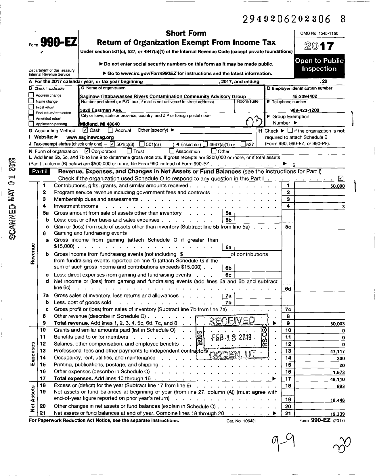 Image of first page of 2017 Form 990EZ for Saginaw-Tittabawassee Rivers Contamination Community Advisory G