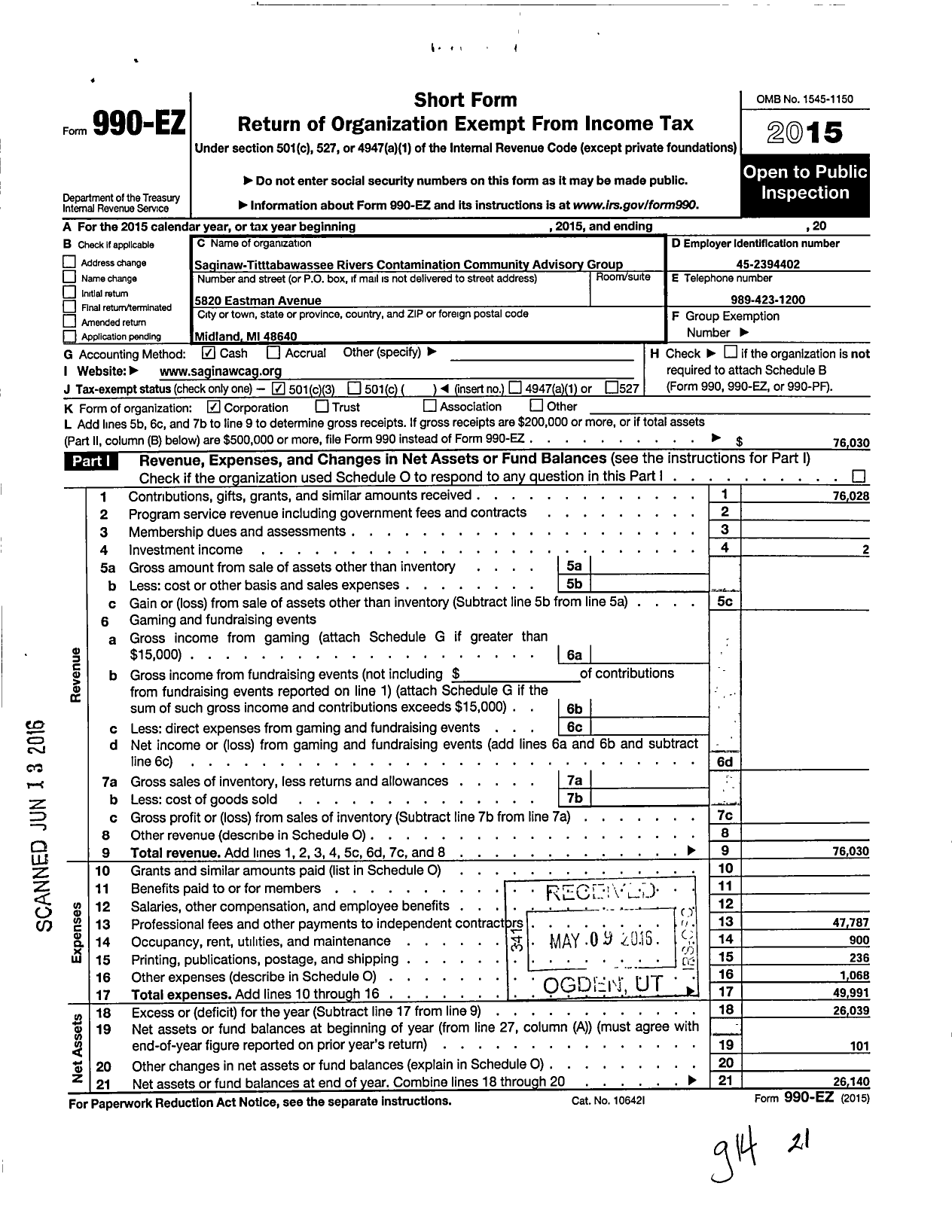 Image of first page of 2015 Form 990EZ for Saginaw-Tittabawassee Rivers Contamination Community Advisory G