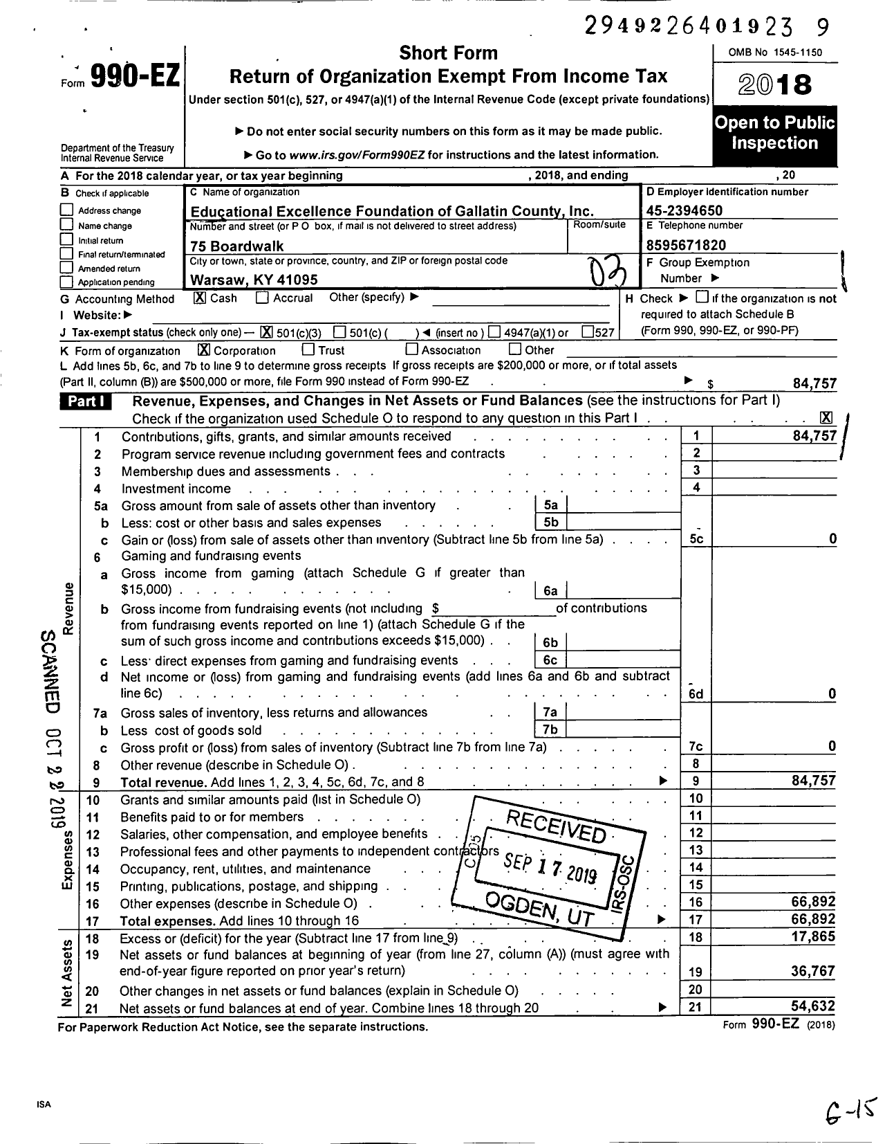 Image of first page of 2018 Form 990EZ for Educational Excellence Foundation of Gallatin County