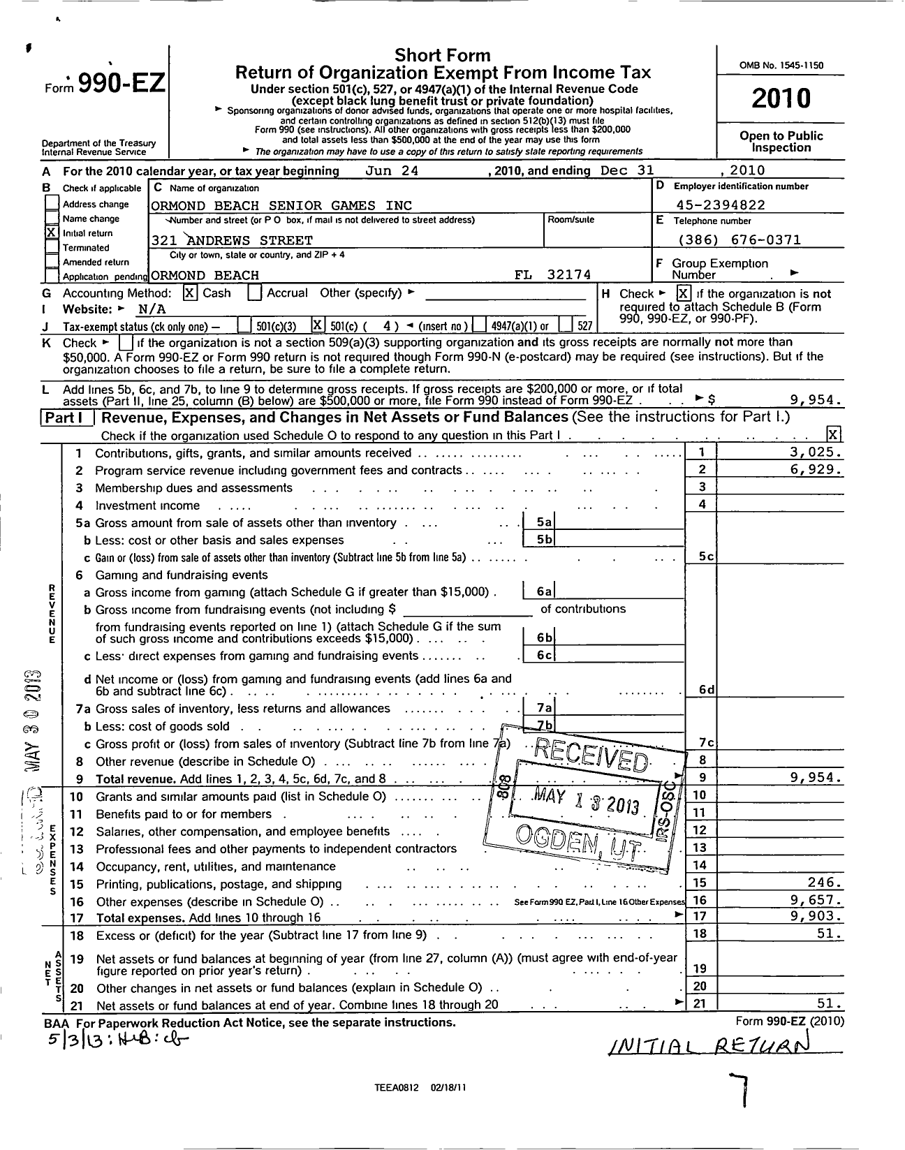 Image of first page of 2010 Form 990EO for Ormond Beach Senior Games