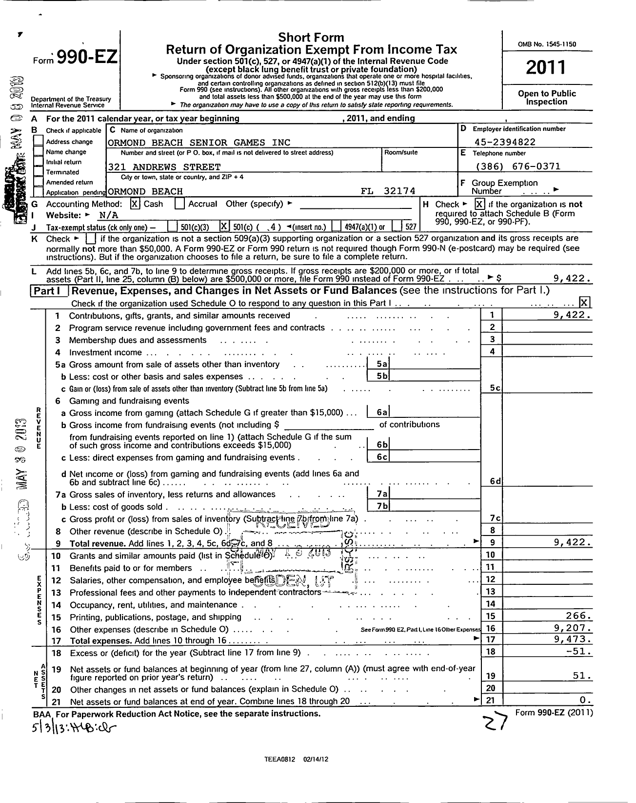 Image of first page of 2011 Form 990EO for Ormond Beach Senior Games