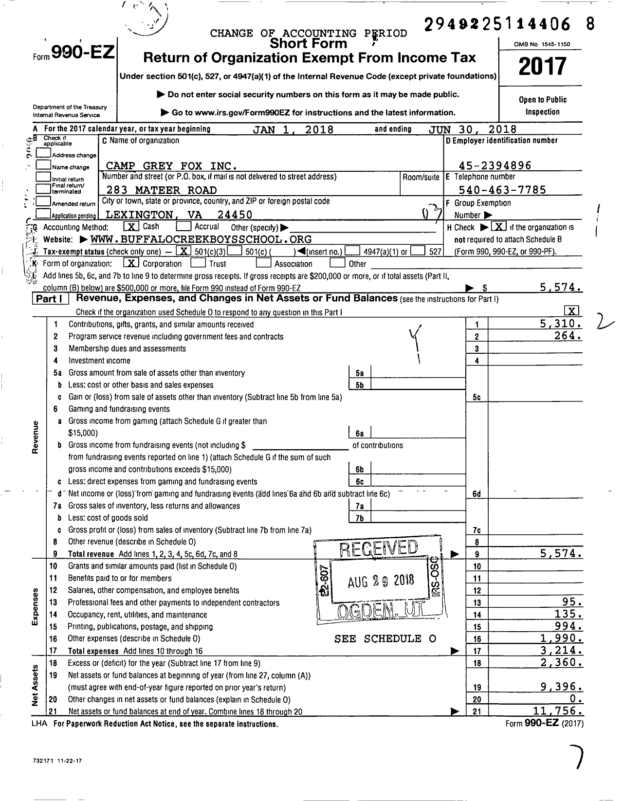 Image of first page of 2017 Form 990EZ for Camp Grey Fox