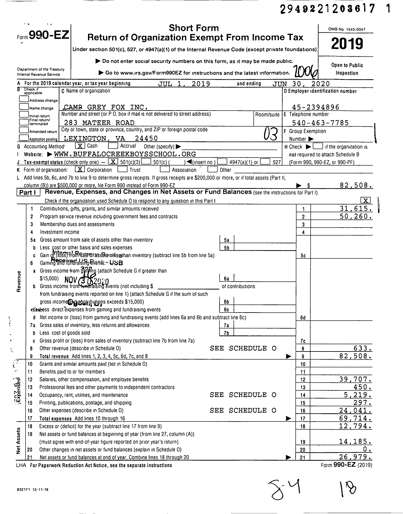 Image of first page of 2019 Form 990EZ for Camp Grey Fox