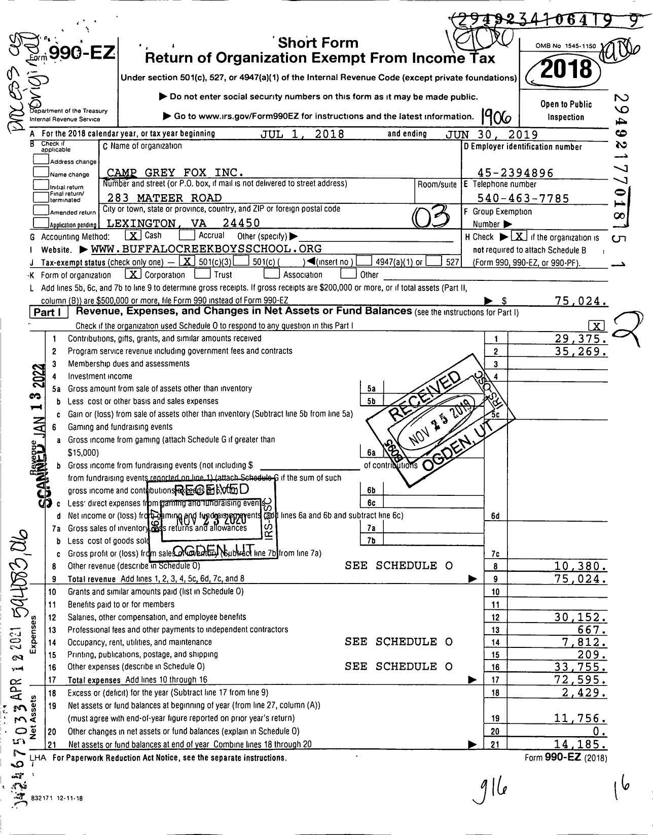 Image of first page of 2018 Form 990EZ for Camp Grey Fox