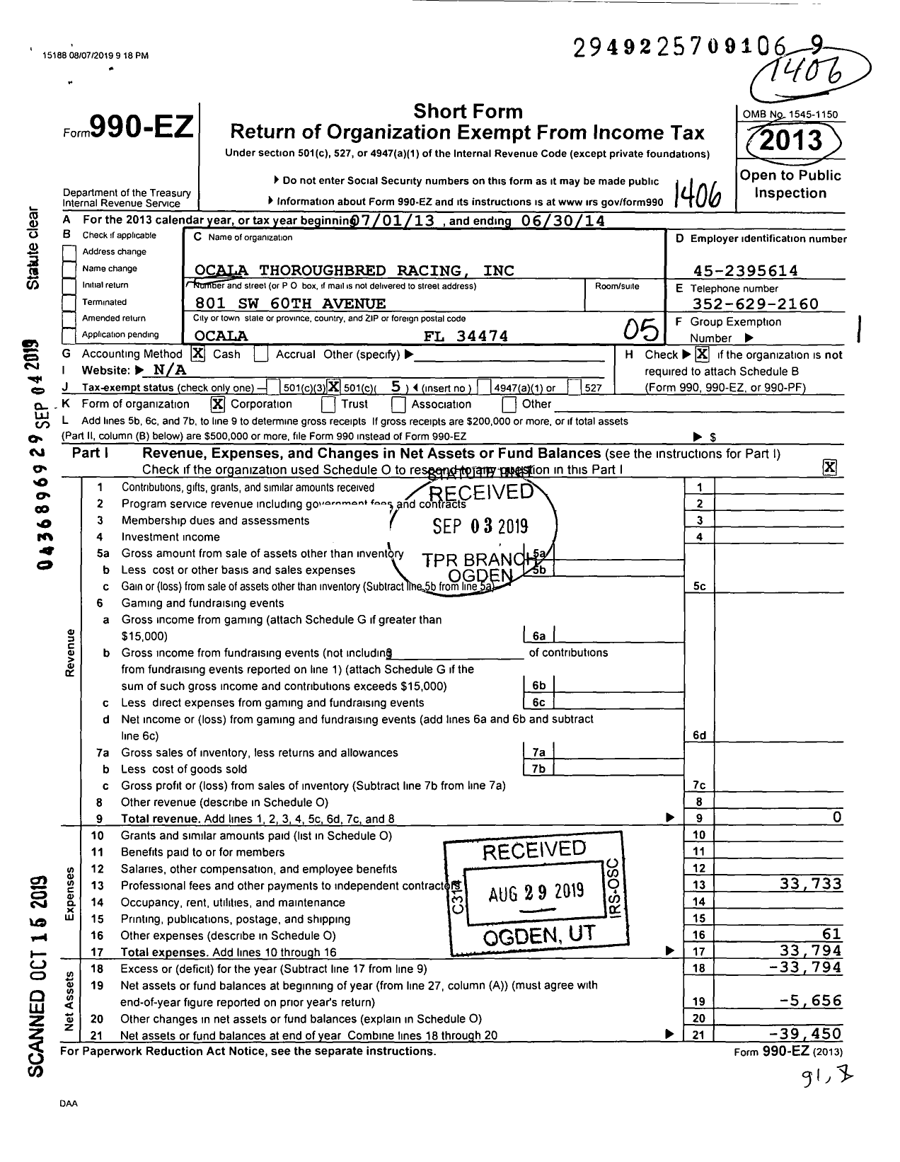 Image of first page of 2013 Form 990EO for Ocala Thoroughbred Racing