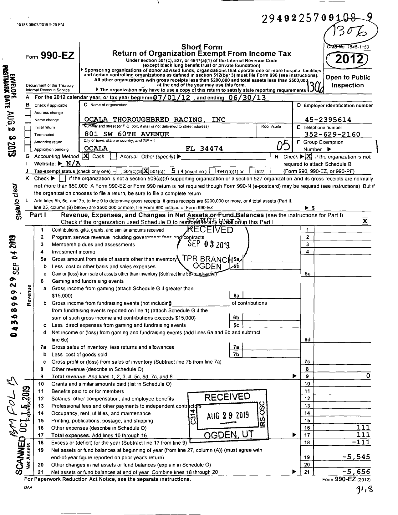 Image of first page of 2012 Form 990EO for Ocala Thoroughbred Racing