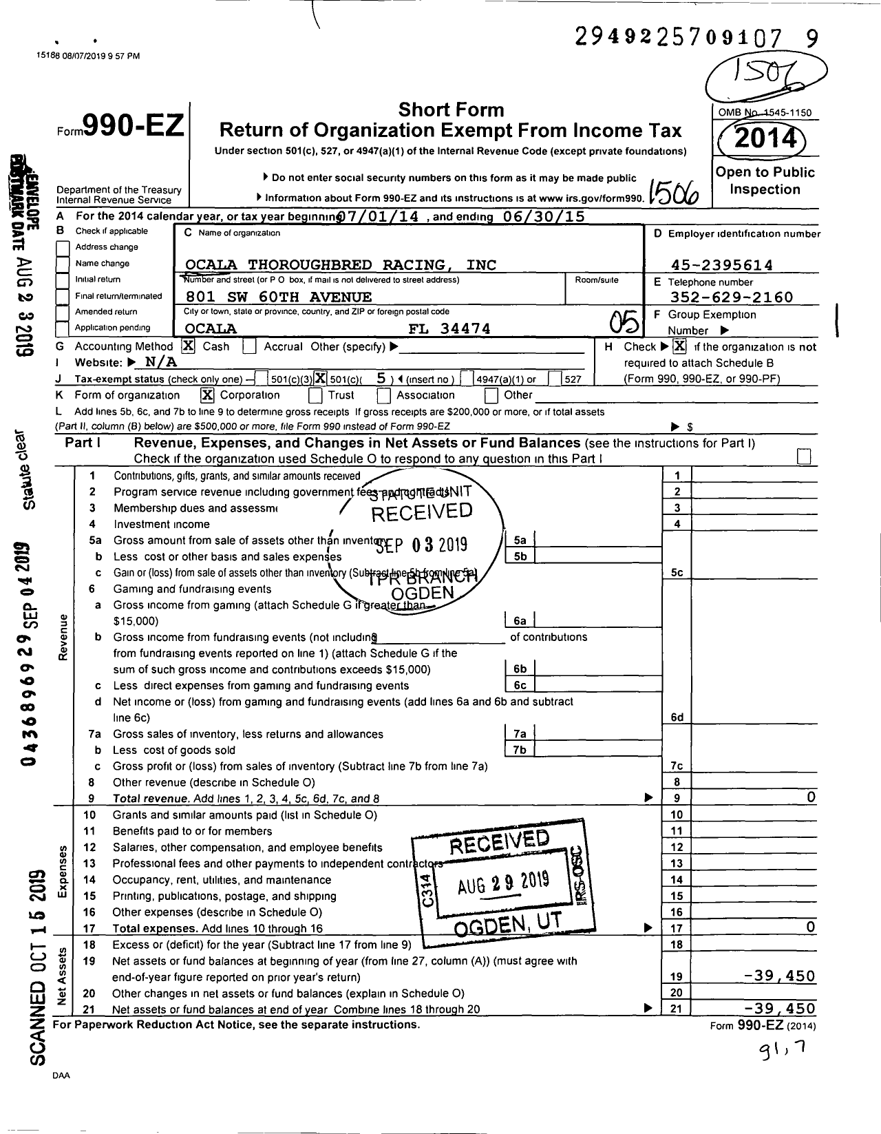 Image of first page of 2014 Form 990EO for Ocala Thoroughbred Racing