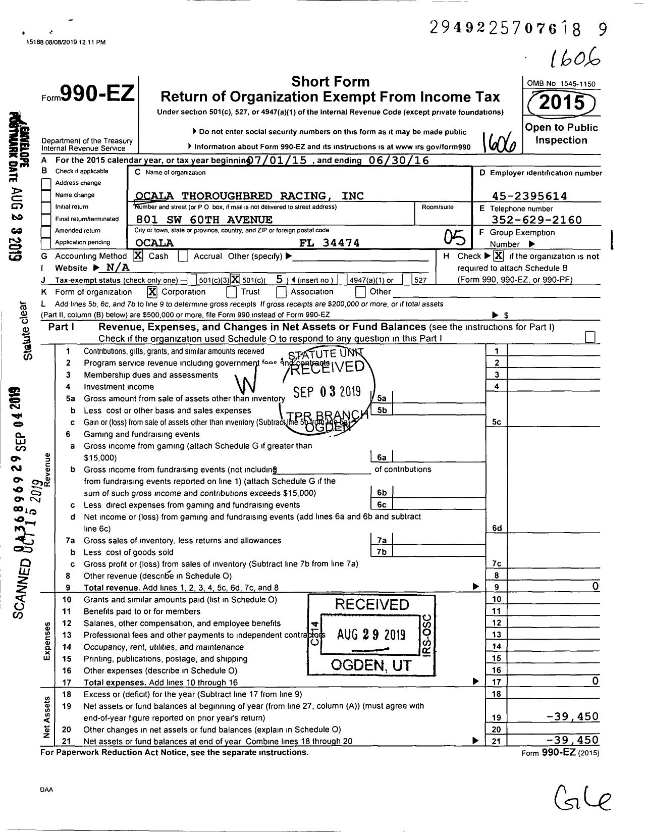 Image of first page of 2015 Form 990EO for Ocala Thoroughbred Racing