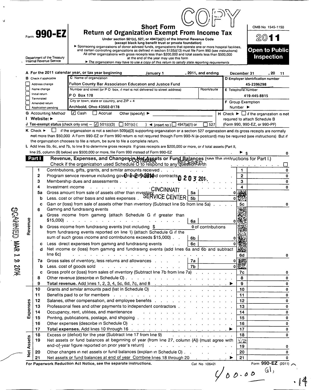 Image of first page of 2011 Form 990EZ for Fulton County Bar Association Education and Justice Fund