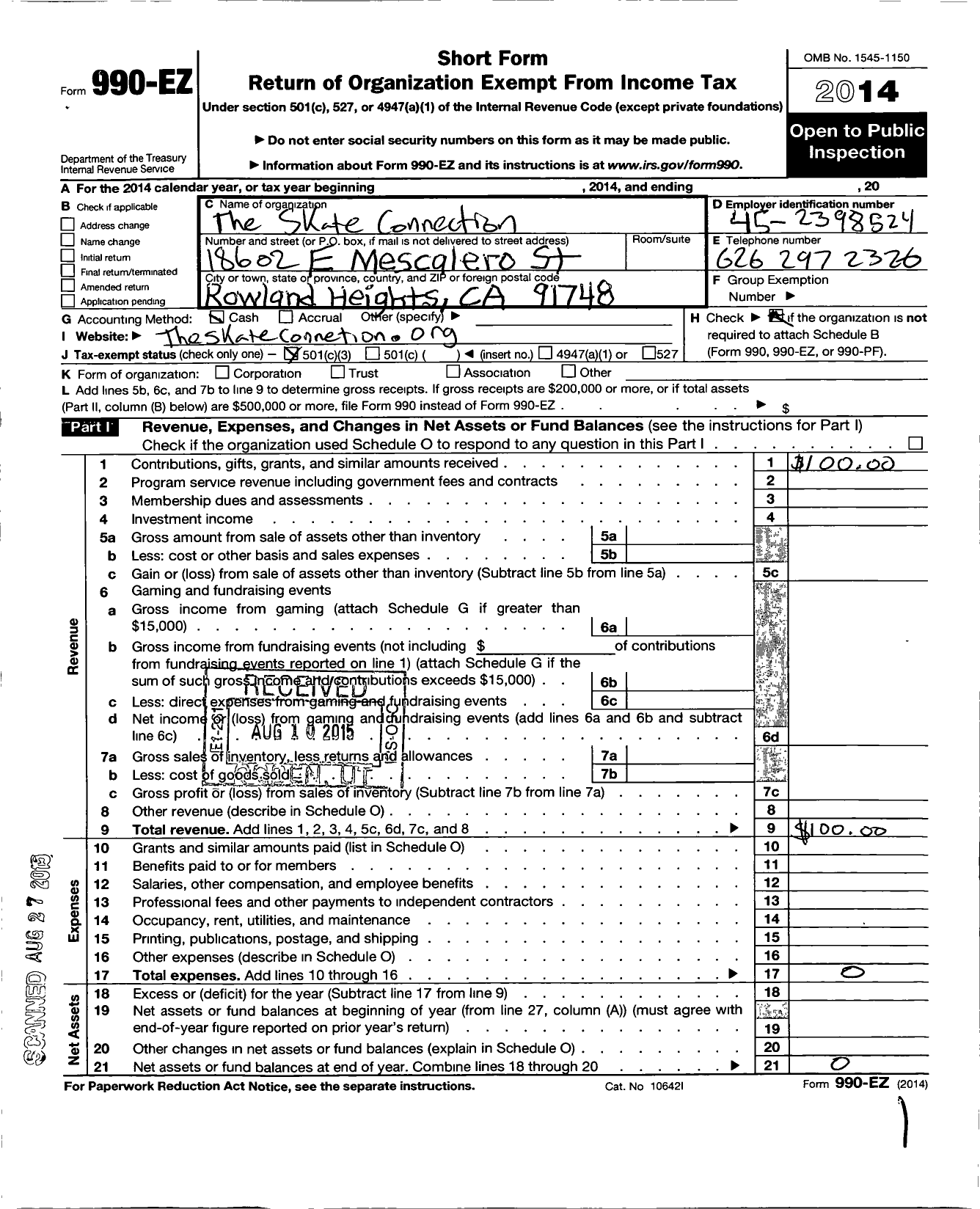 Image of first page of 2014 Form 990EZ for The Skate Connection