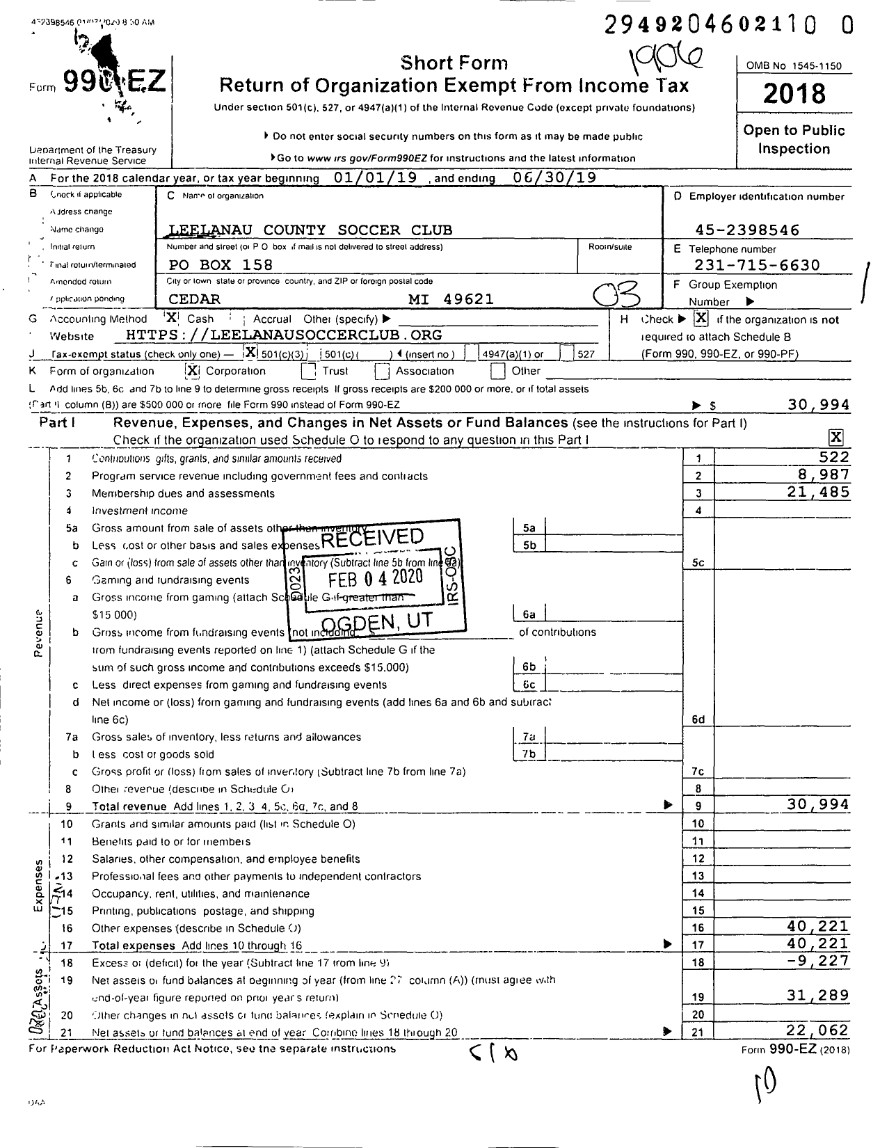 Image of first page of 2018 Form 990EZ for Leelanau County Soccer Club