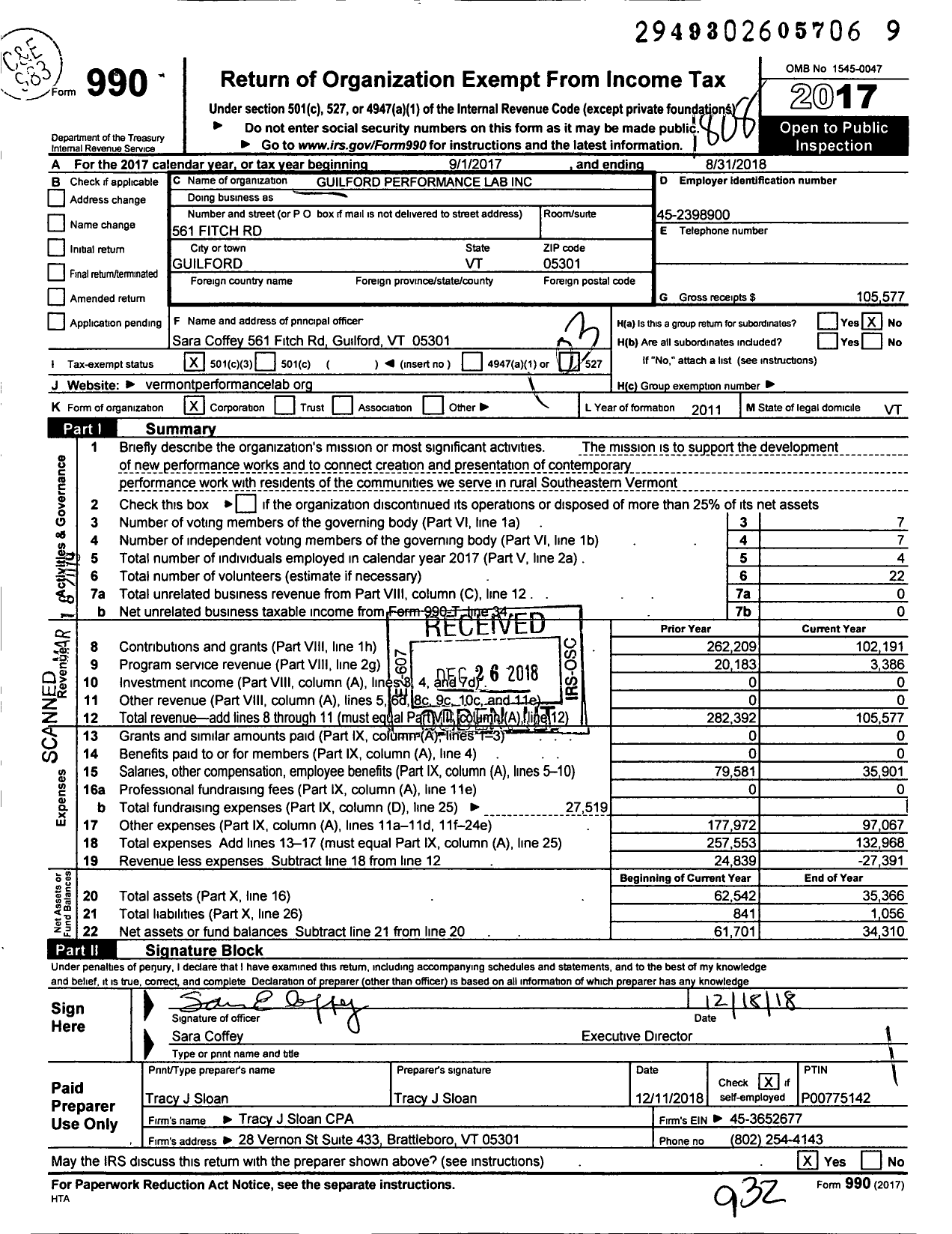 Image of first page of 2017 Form 990 for Guilford Performance Lab