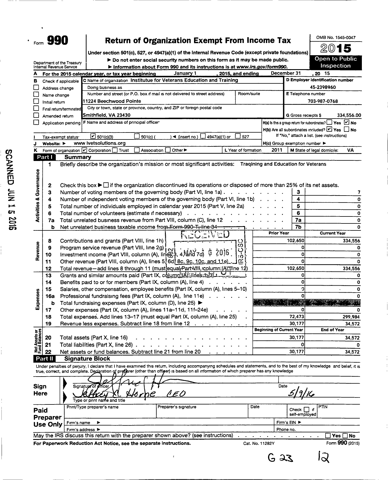 Image of first page of 2015 Form 990 for Institute for Veterans Education and Training