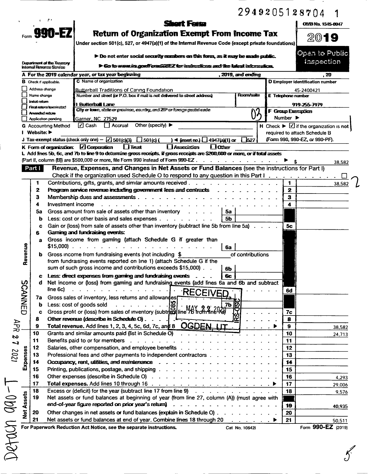 Image of first page of 2019 Form 990EZ for Butterball Traditions of Caring Foundation