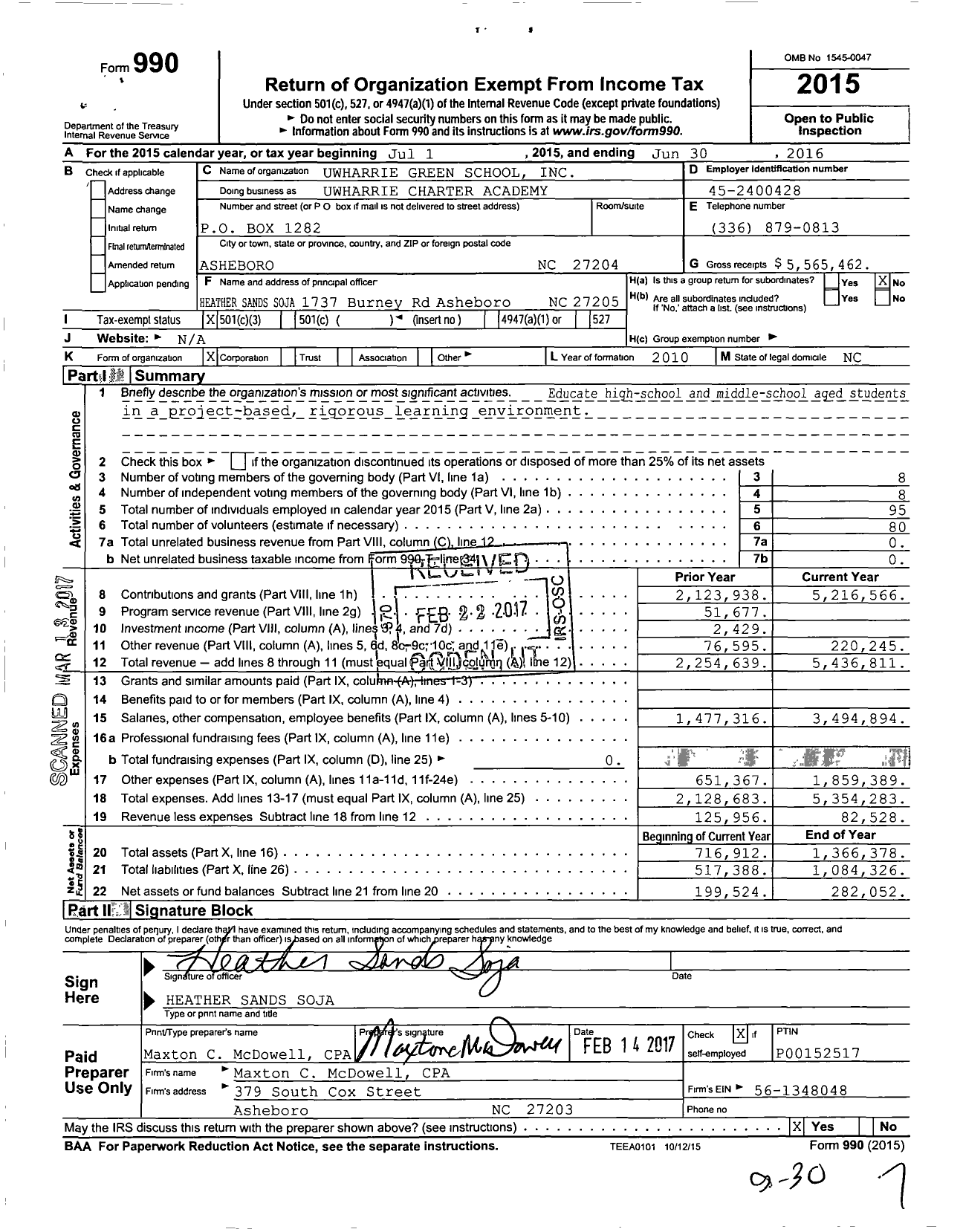 Image of first page of 2015 Form 990 for Uwharrie Charter Academy