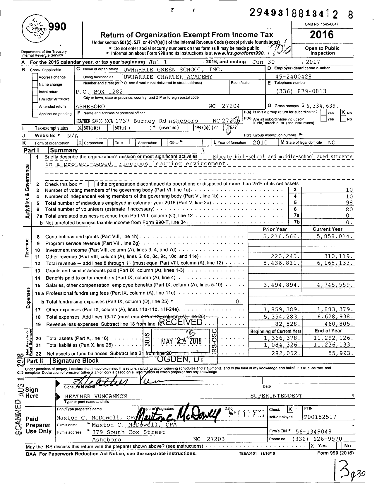 Image of first page of 2016 Form 990 for Uwharrie Charter Academy